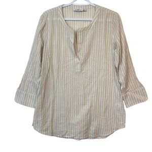 Vineyard Vines Tan White Striped V-Neck 34 Sleeve Casual Breezy Blouse Cover-Up